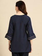 Women's Navy Blue Viscose blend Embroidered Short Top - Marina