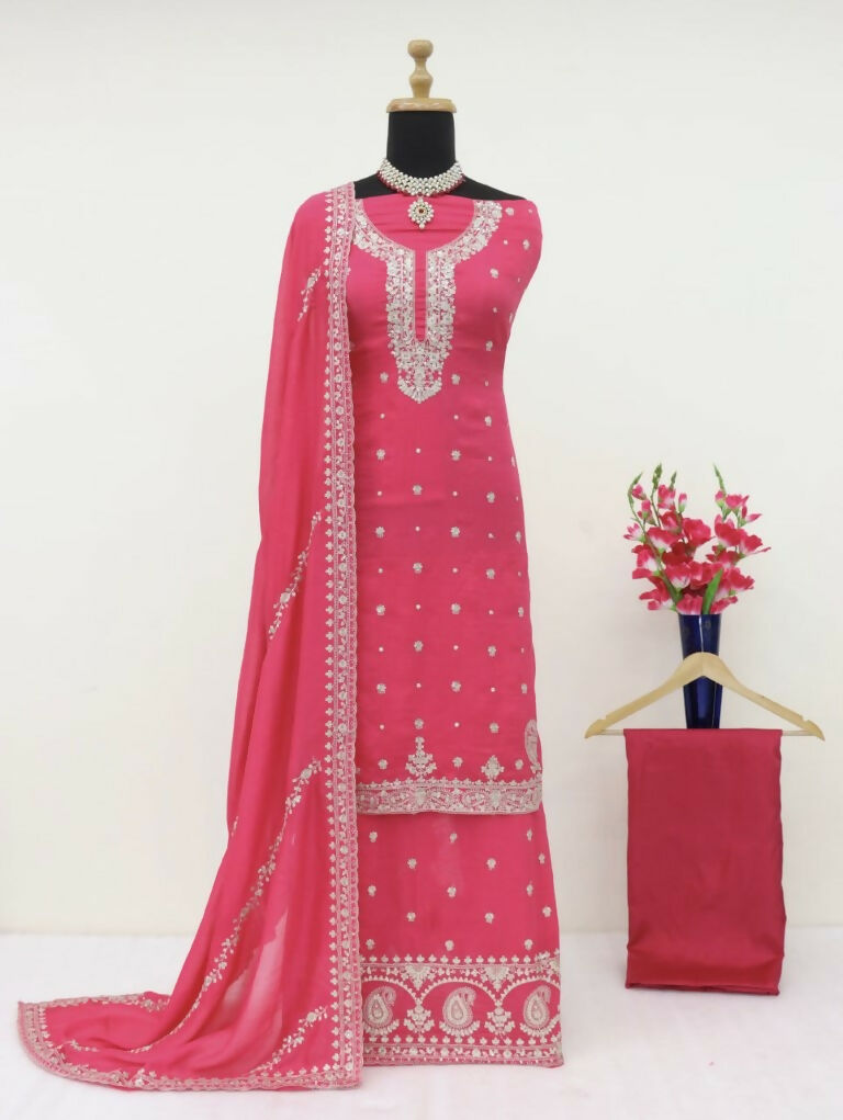 Vastranavya Glamorous Pink Chinon Palazzo Suit With Intricate Sequins Embroidery Work with Dupatta