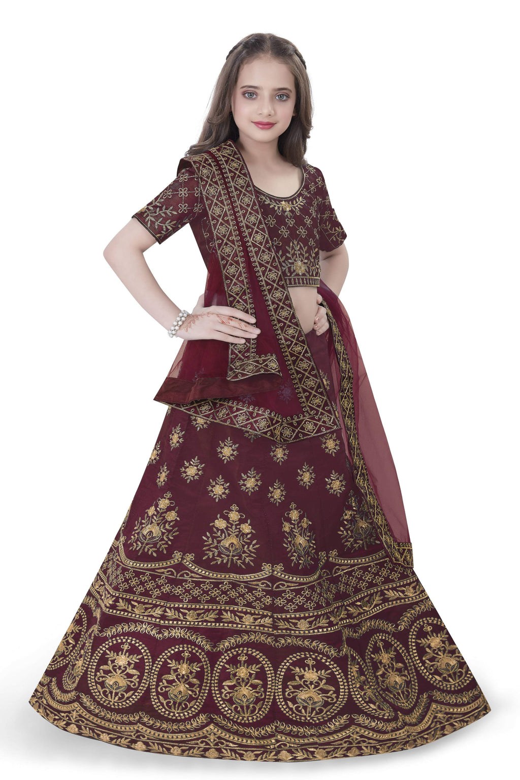 Dwiden Maroon Lehriyu Tafetta Sattin Semi-Stitched Girl's Lehenga Choli
