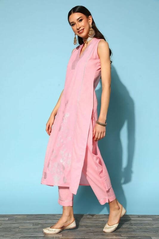 Ahalyaa Women Pink Colour Cotton Silver Foil Printed Kurta Pant Set - Distacart