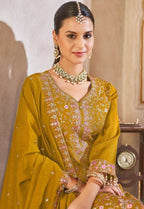 Anaita Mustard Vichitra Silk Readymade Suit with Embroidery & Lace Work - Distacart
