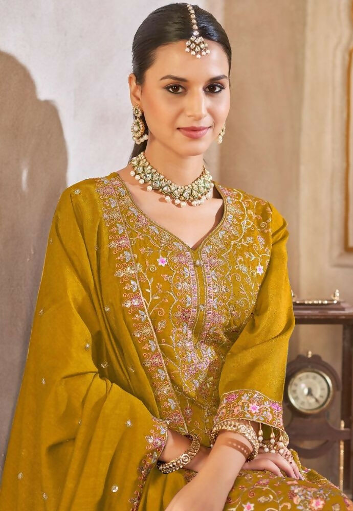Anaita Mustard Vichitra Silk Readymade Suit with Embroidery & Lace Work - Distacart