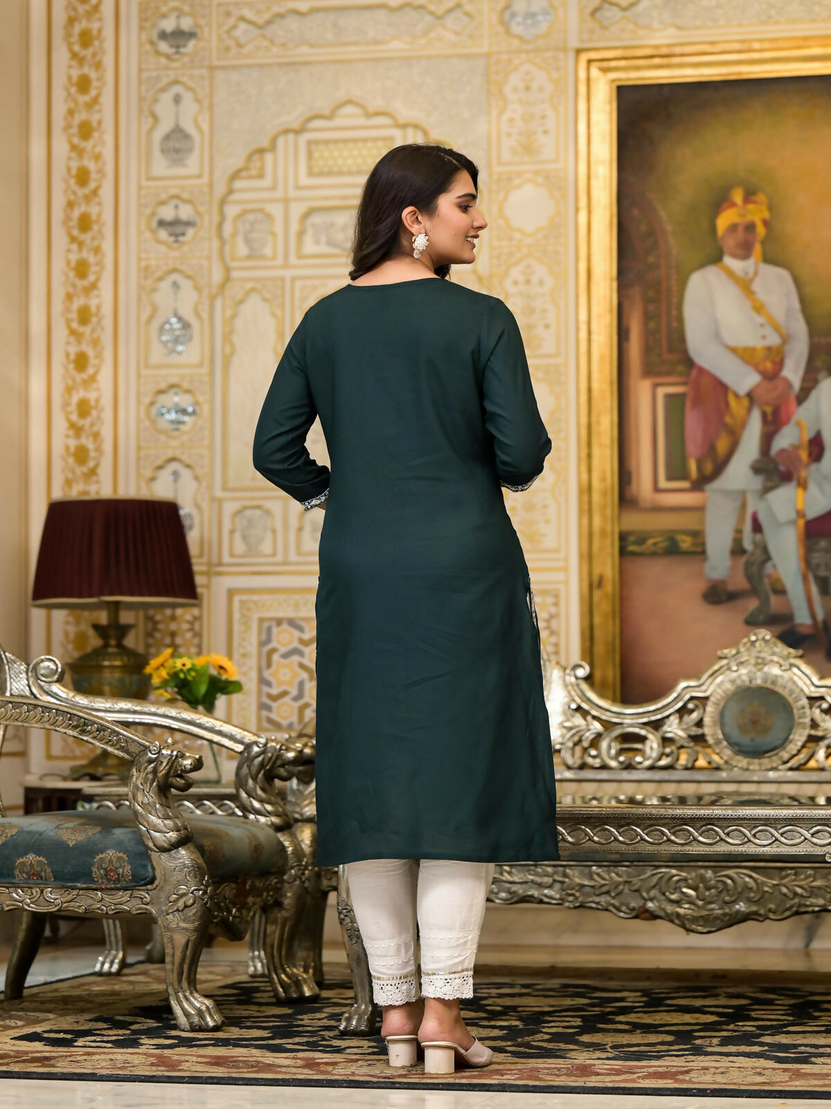 Juniper Women's Green Thread Embroidered Rayon Kurta