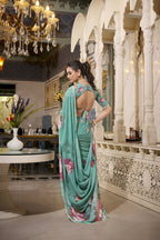 Vastranavya Green Spectacular Georgette Printed with Pearl Lace Saree with Unstitched Blouse - Distacart