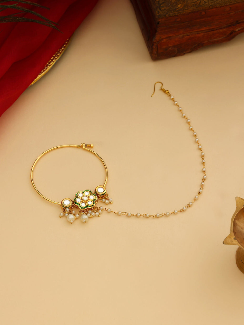 Ruby Raang 22k Gold Polished Kundan Maharani Nose Ring (Clip On)