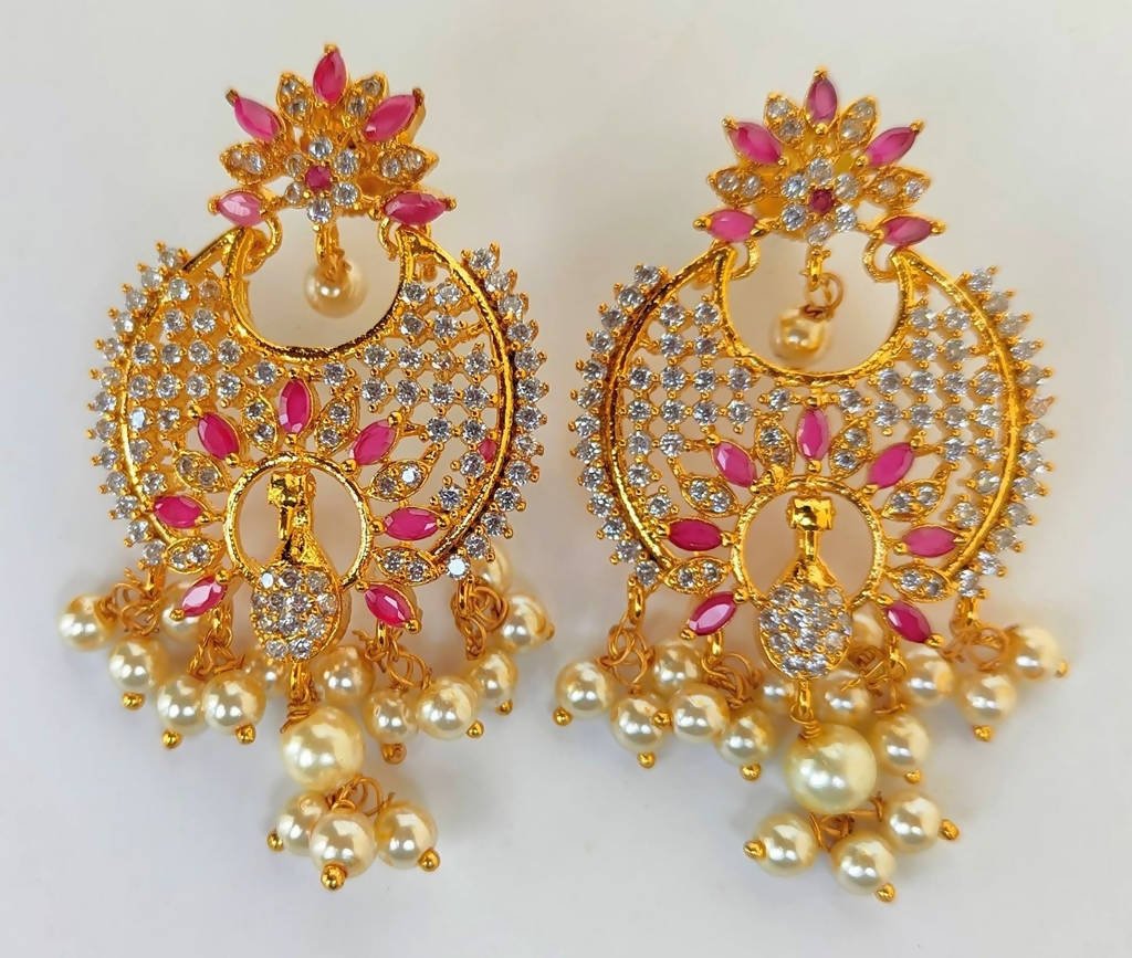 AD Ruby Designer Hanging Pearls Earrings - Distacart