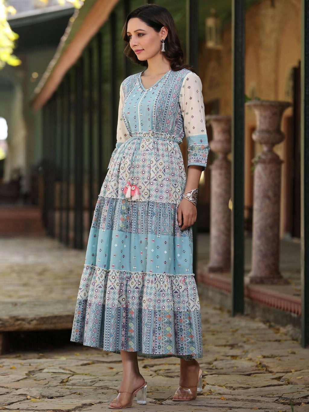 Juniper Women's Blue Cotton Cambric Geometric Printed Tiered Maxi Dress - Distacart