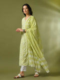 Myshka Women's Lime Green Printed Cotton Anarkali Party Kurta Set With Dupatta