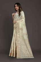 Off White Pure Raw Silk Zari Woven Saree with Unstitched Blouse Piece - Alisha