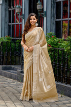 Vastranavya Beige Embroidery Work Shimmer Chiffon Saree with Unstitched Blouse - Distacart