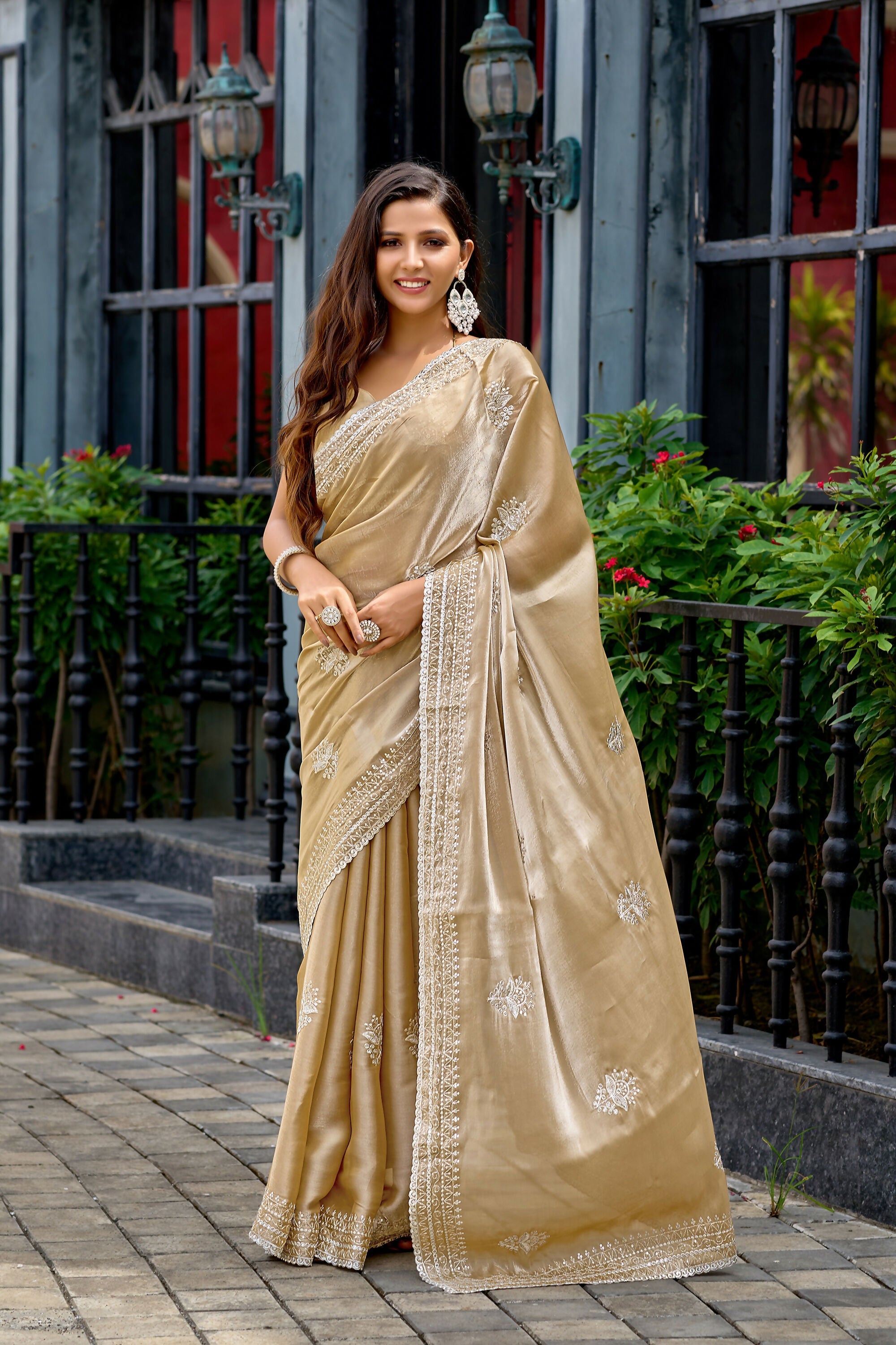 Vastranavya Beige Embroidery Work Shimmer Chiffon Saree with Unstitched Blouse - Distacart