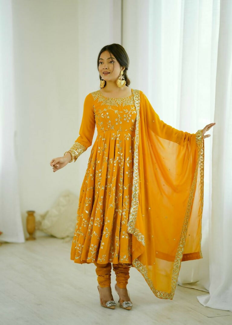 Teeya Creation Yellow Color Heavy Faux Georgette Embroidery Work Gown - Distacart