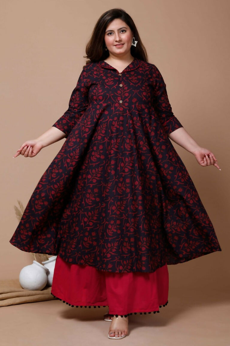 Miravan Women's Plus Size Navy Blue Floral Printed Anarkali Kurta