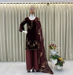 Vastranavya Wine Velvet Sequence Embroidery Work Kurta & Palazzo With Dupatta