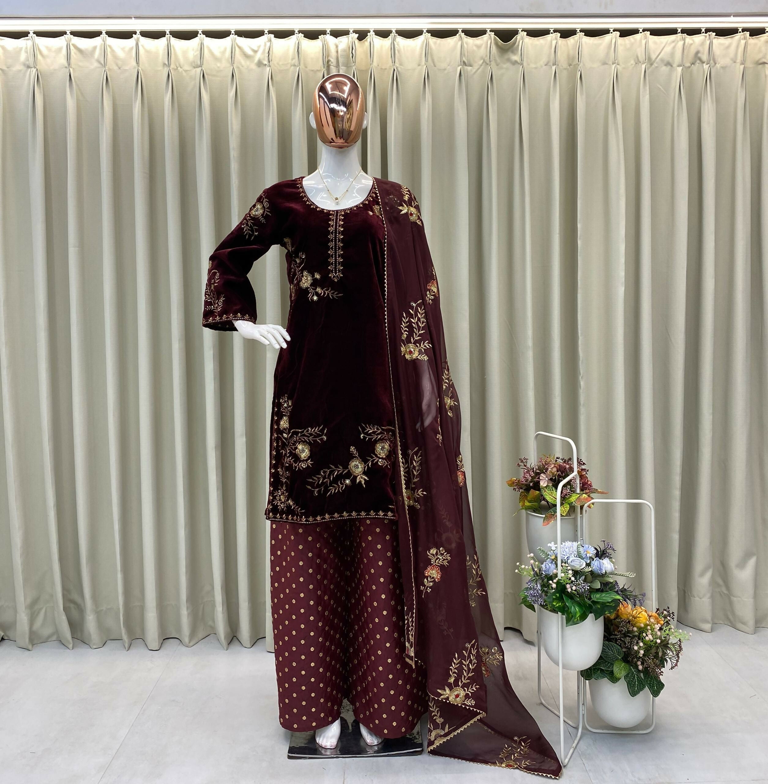 Vastranavya Wine Velvet Sequence Embroidery Work Kurta & Palazzo With Dupatta