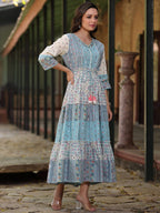 Juniper Women's Blue Cotton Cambric Geometric Printed Tiered Maxi Dress - Distacart