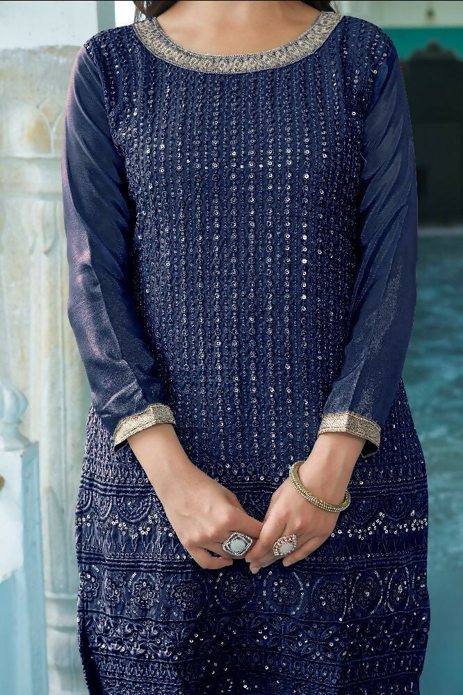 Teeya Creation Blue Colour Chinnon Silk Heavy Embroidery Work Fully Stitched Salwar Suit - Distacart