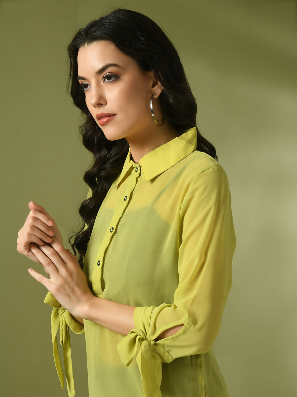 Myshka Women's Yellow Solid Georgette Longline Party Sheer Tunic