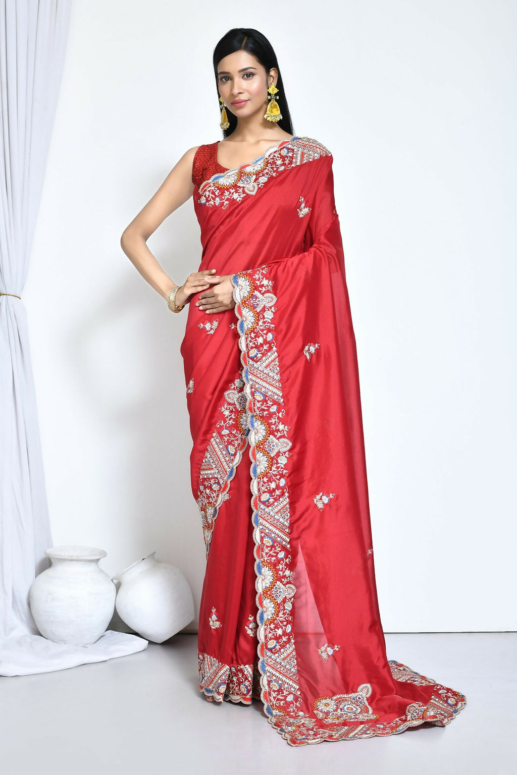 Red Crepe Silk Sequence Embroidered Saree - Nimaya Benzy