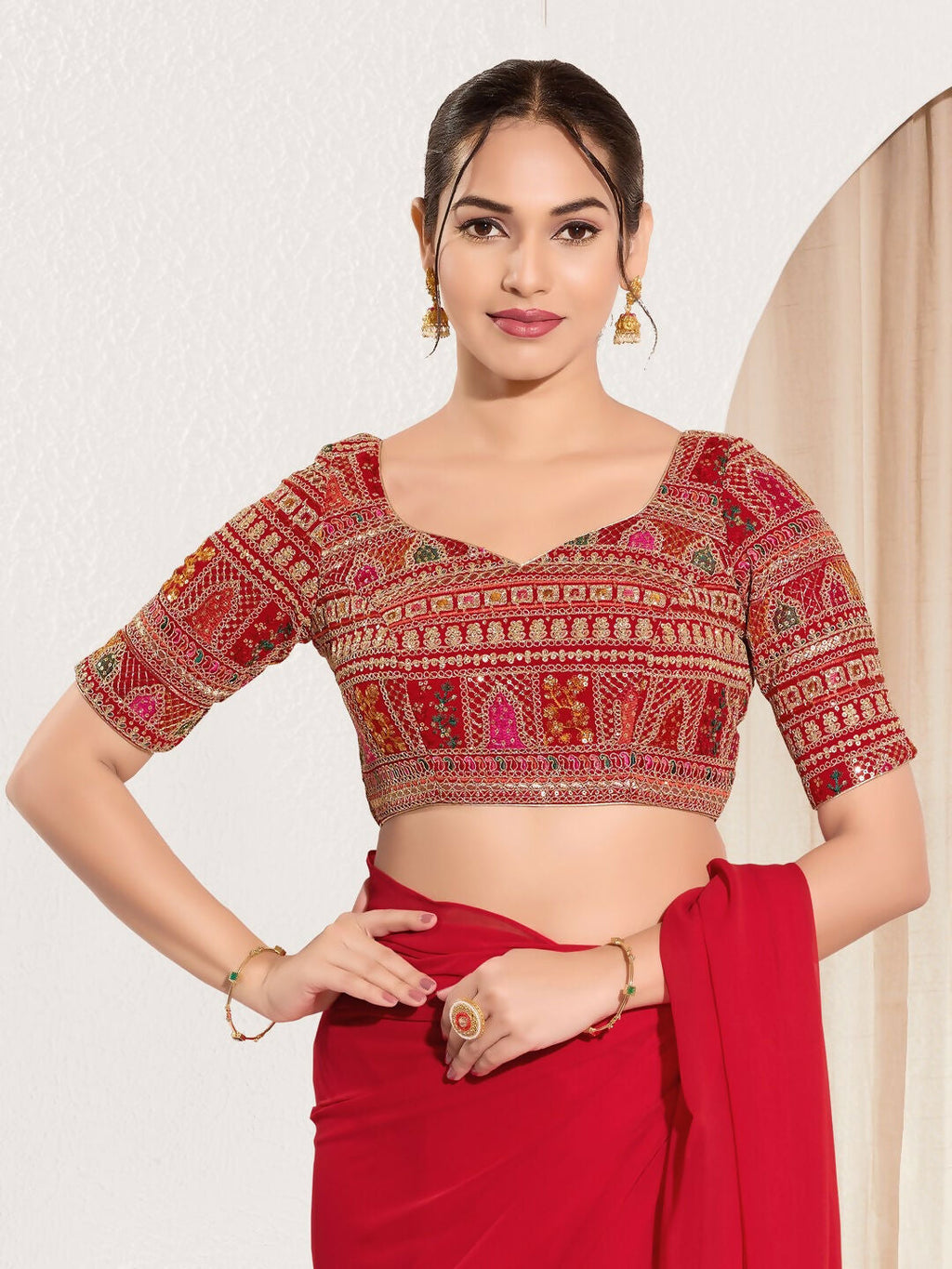Joban Fashion Red Brocade Padded Blouse With Sweetheart Neck Elbow Sleeves - Distacart