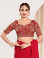Joban Fashion Red Brocade Padded Blouse With Sweetheart Neck Elbow Sleeves - Distacart