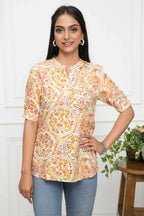 Myshka Women Mustard Floral V-Neck Regular Sleeves Viscose Rayon Top - Distacart