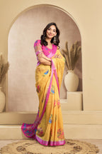 Vastranavya Mustard Digital Printed Linen Ready To Wear Designer Saree with Unstitched Blouse - Distacart