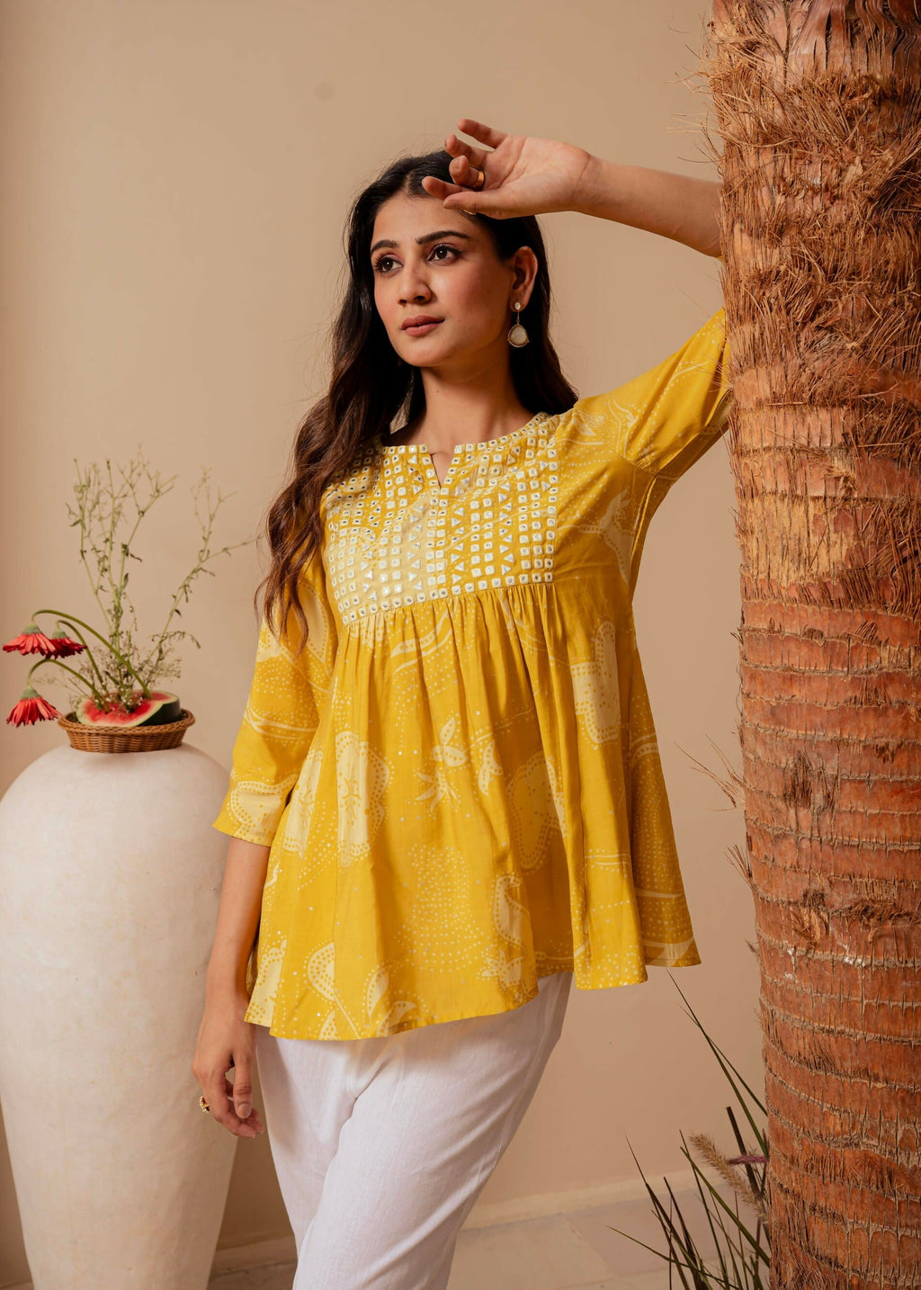 Juniper Mustard Ethnic Motifs Viscose Tunic With Thread Work And Mirror Detailing - Distacart