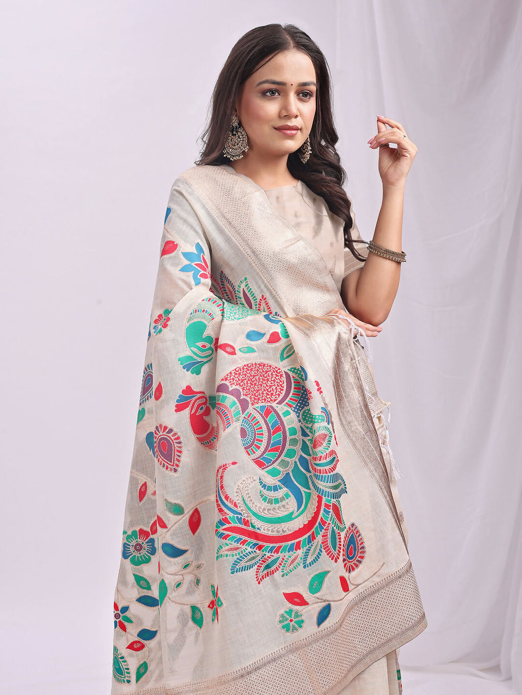 Shree Shyam Fashion Linen Cotton Cream Saree - Distacart