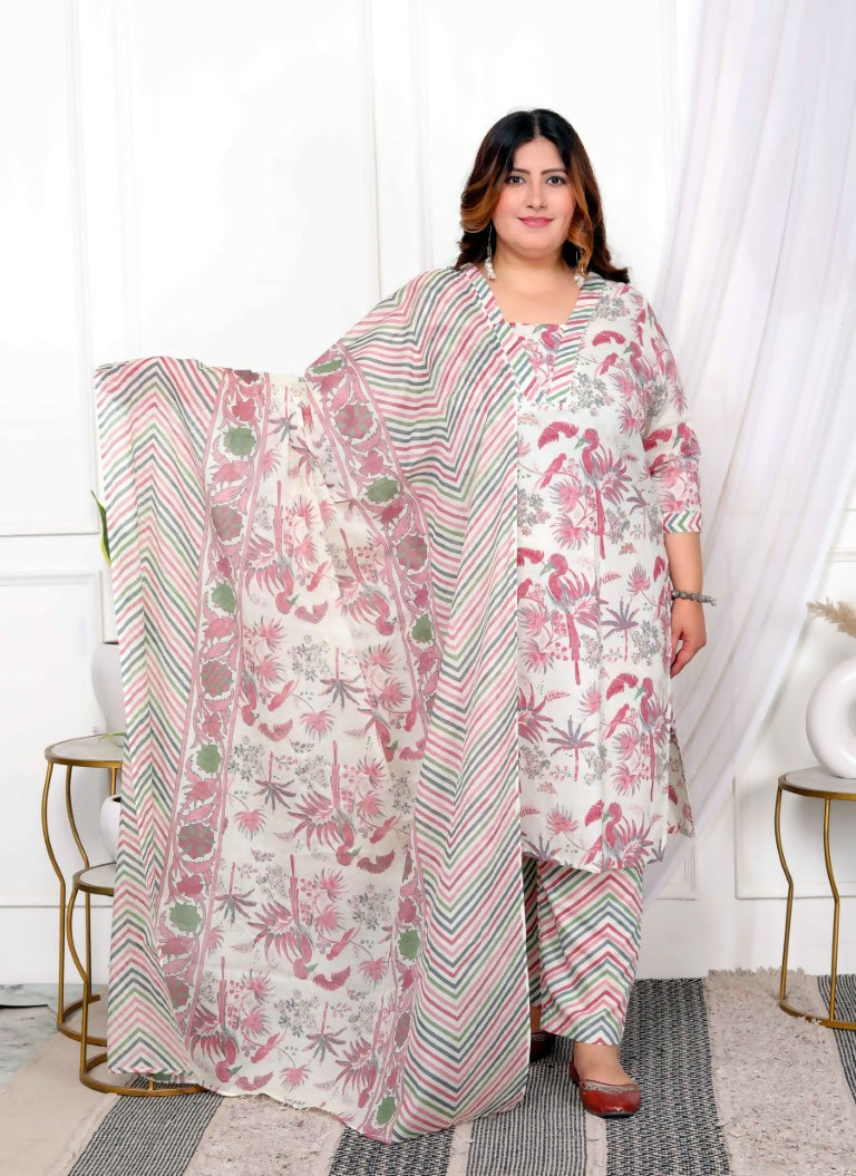 Miravan Women's Plus Size Cotton Light Pink Scenic Birds And Leaf Floral Printed Straight Pakistani Style Suit Set