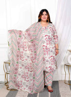 Miravan Women's Plus Size Cotton Light Pink Scenic Birds And Leaf Floral Printed Straight Pakistani Style Suit Set