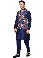 ABH Lifestyle Men's Silk Navy Blue Kurta Pyjama & Printed Nehru Jacket - Distacart