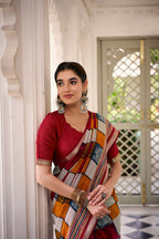 Vastranavya Maroon Viscose Chanderi Printed with Temple Border Saree & Unstitched Blouse - Distacart
