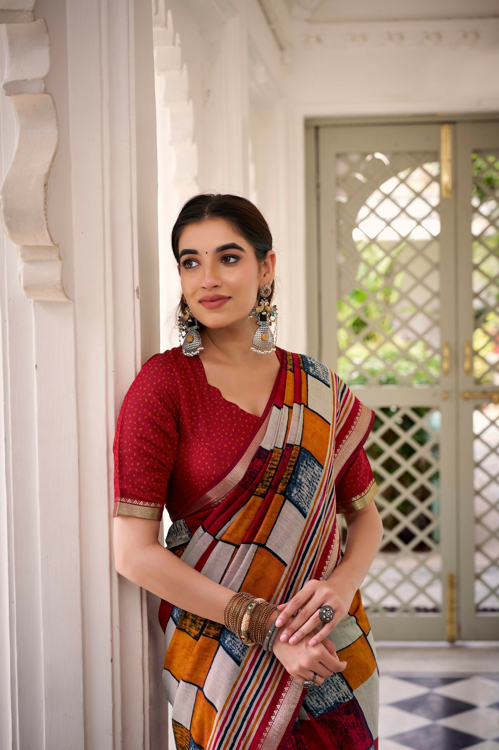 Vastranavya Maroon Viscose Chanderi Printed with Temple Border Saree & Unstitched Blouse - Distacart