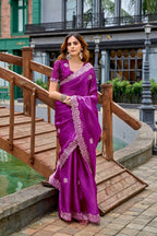 Vastranavya Purple Embroidery Work Shimmer Chiffon Saree with Unstitched Blouse - Distacart