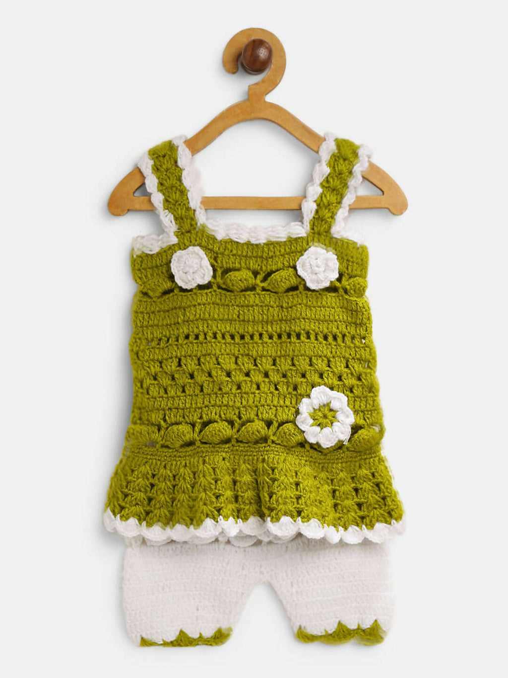 ChutPut Hand knitted Crochet Wool Royal Dress For Baby Girls - Green