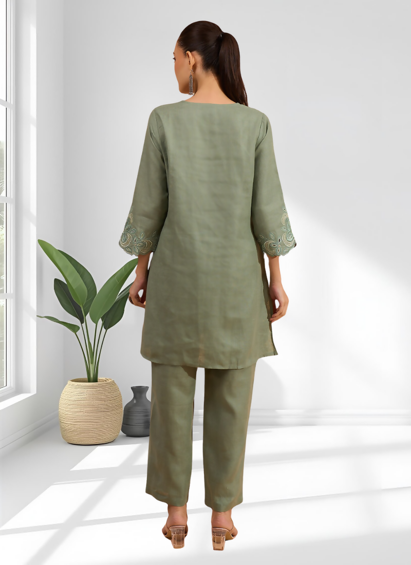 Joban Fashion Pista Green Linen Embroidered Readymade Cord Set - Distacart