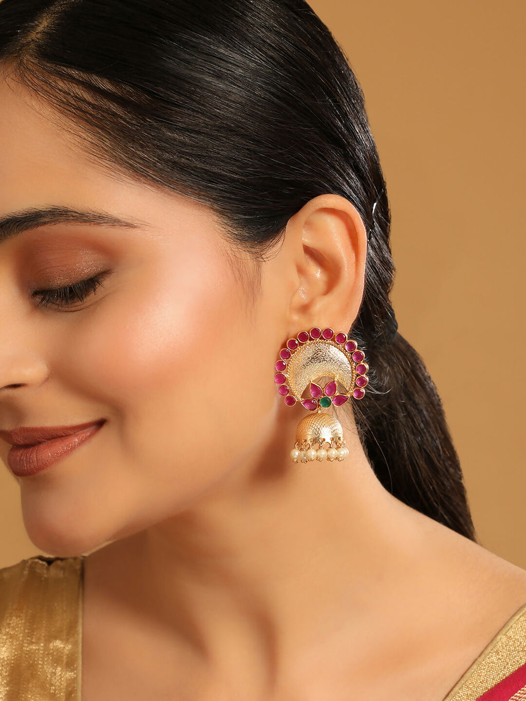 Nuyug 22K Gold Plated Ruby & Pearl Studded Dome Shaped Jhumkas - Distacart