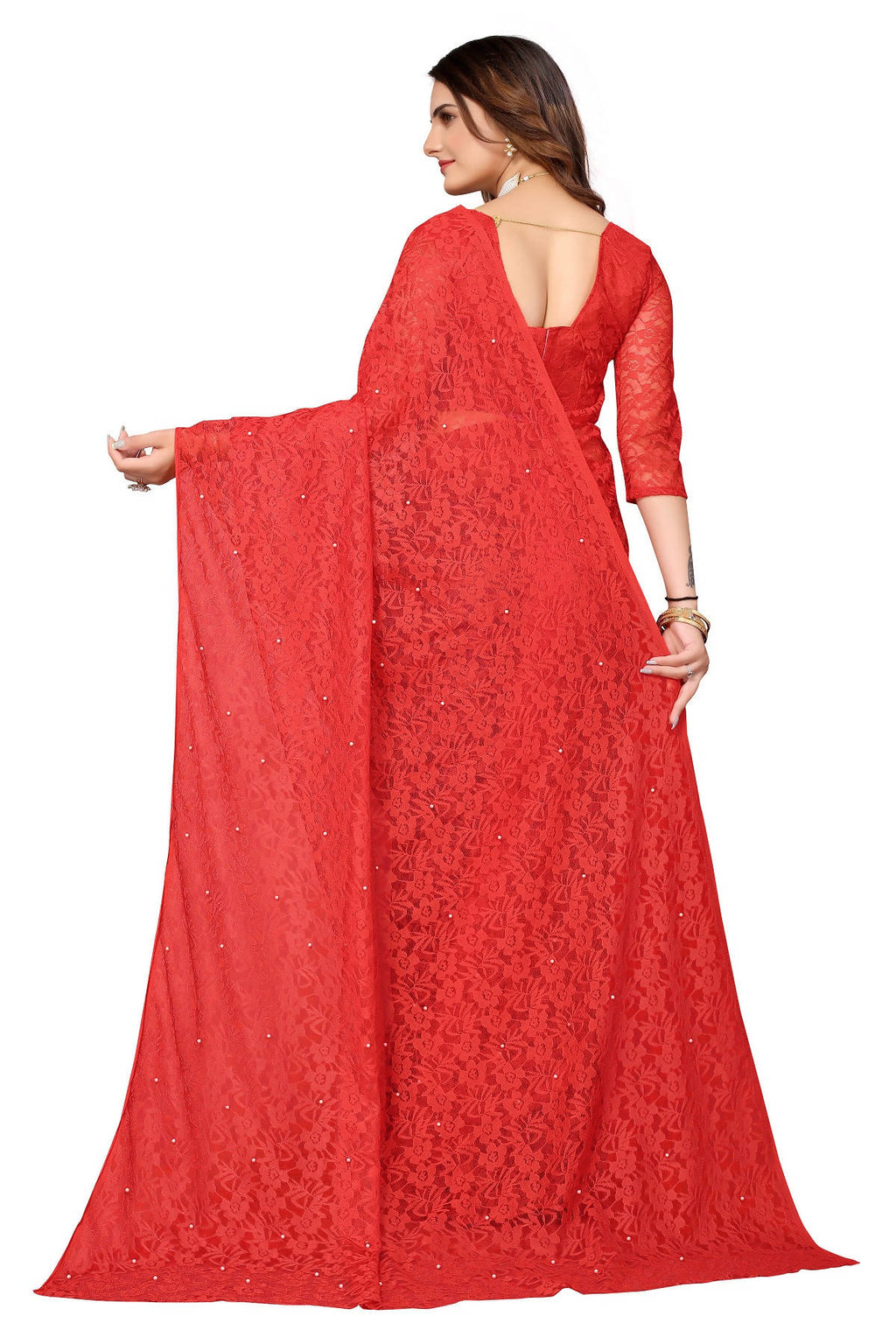 Vamika Ethnic Fire Red Pearls Net Saree - Distacart