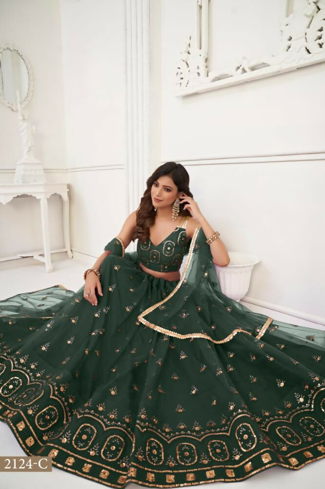 Aastha Fashion Dark Green Butterfly Net Tone To Tone Thread Work And Sandwich Sequence Work Embroidery Wedding Wear Lehenga Choli