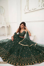 Aastha Fashion Dark Green Butterfly Net Tone To Tone Thread Work And Sandwich Sequence Work Embroidery Wedding Wear Lehenga Choli