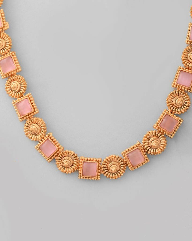 VOJ Gold-Polished Pink Stone Studded Jewellery Set