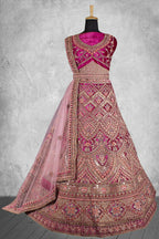Pink Velvet Pure Mirror Work Semi Stitched Lehenga Choli with Dupatta - Nimaya Lagnotsav