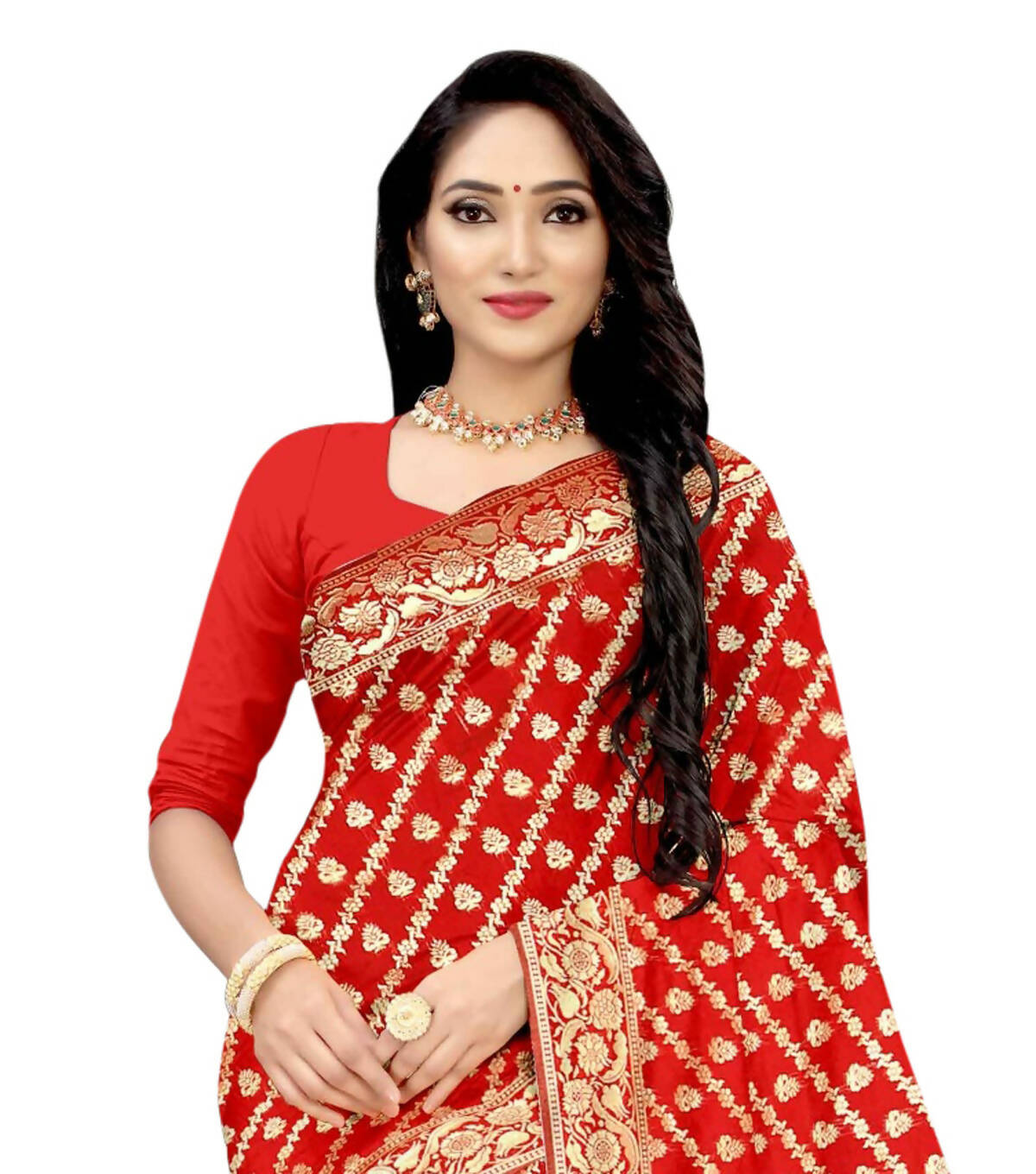 Vamika Weaving Banarasi Jacquard Saree - Red - Distacart