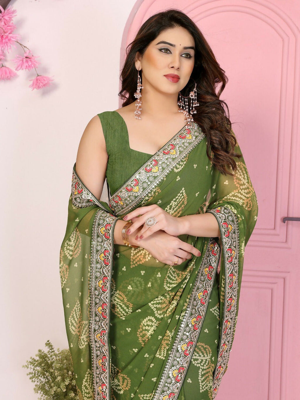 Ai Fashion Mehendi Georgette Rajwadi Bandhani Print Party Wear Saree - Distacart