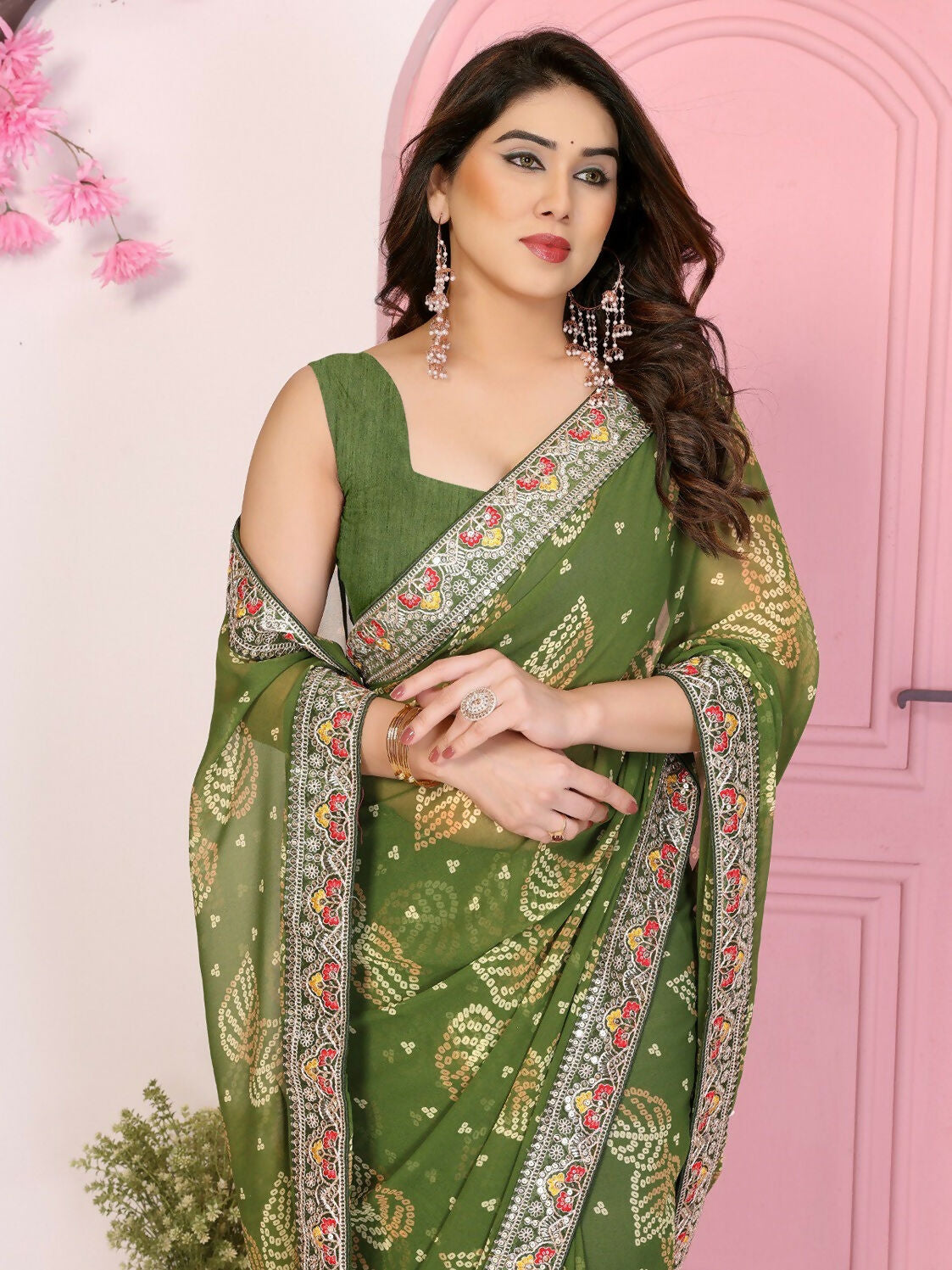 Ai Fashion Mehendi Georgette Rajwadi Bandhani Print Party Wear Saree - Distacart