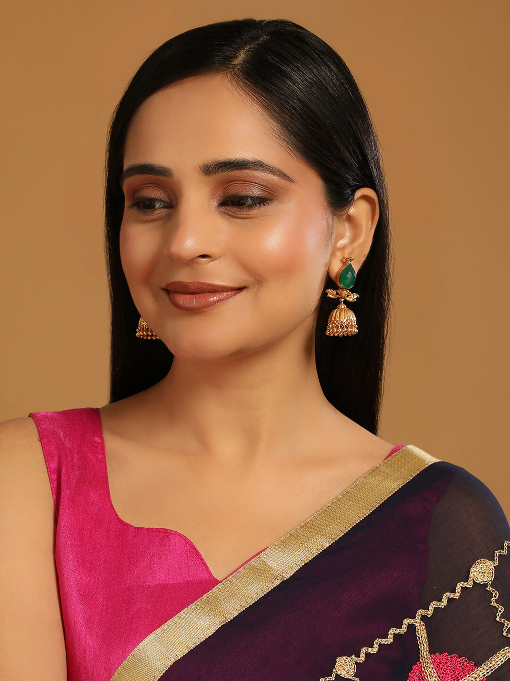 Nuyug 22K Gold Plated Emerald Stone Studded Ethnic Jhumkas - Distacart
