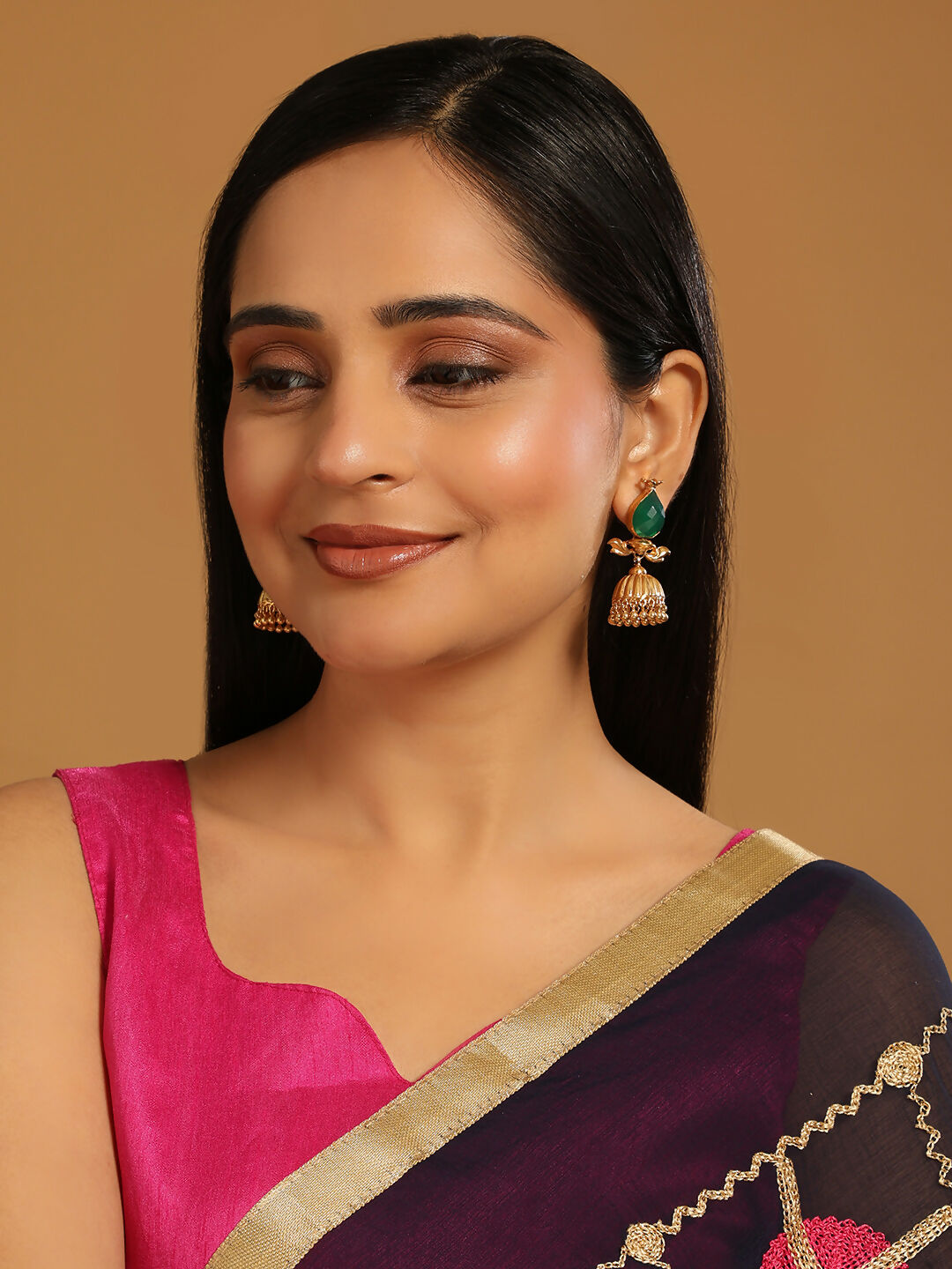 Nuyug 22K Gold Plated Emerald Stone Studded Ethnic Jhumkas - Distacart