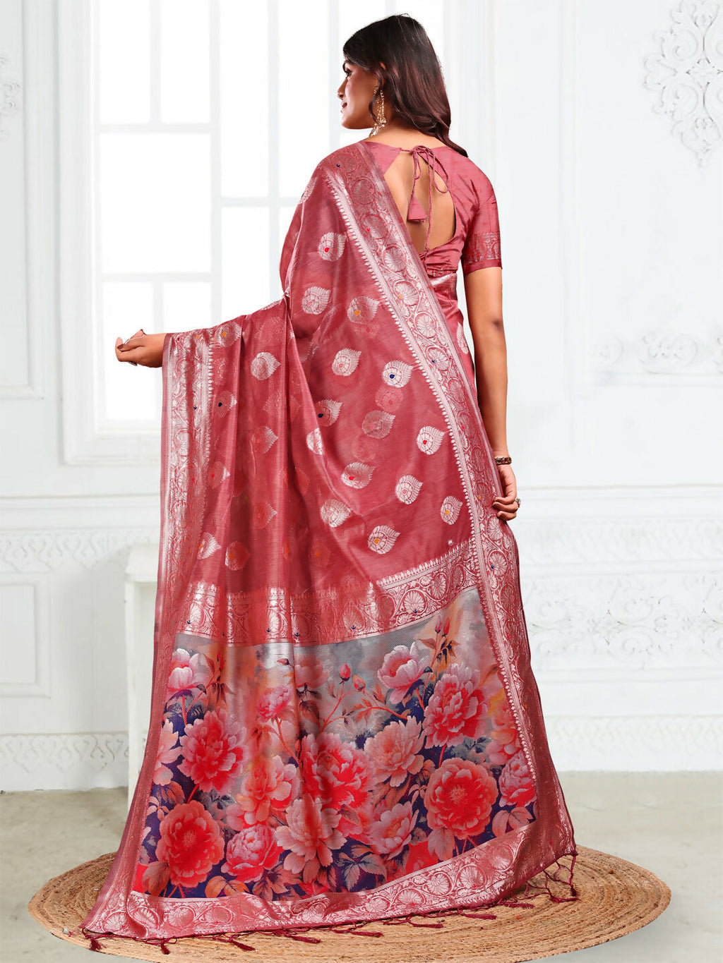 Shree Shyam Fashion Linen Cotton Rust Saree - Distacart