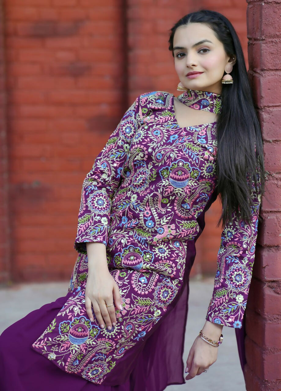 Joban Fashion Wine Silk Embroidered Sharara Set - Distacart